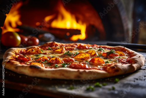 Indulge in the savory delight of a freshly baked pizza, hot and tempting, straight from the fiery embrace of the oven. Ai generated