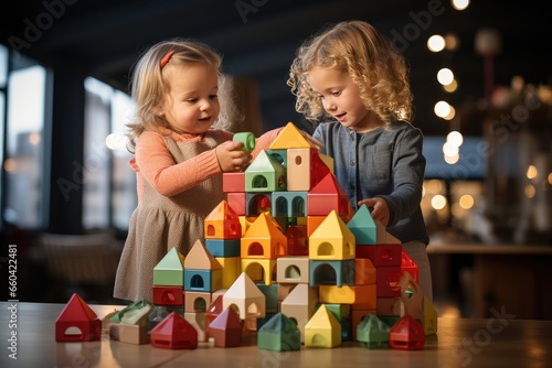 Kids playing with colorful toy blocks. Little girls building tower of block toys. Educational and creative toys and games for young children. Baby in bedroom with rainbow bricks. Child at home.