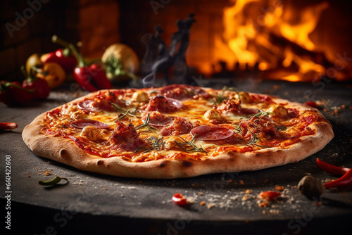 Indulge in the savory delight of a freshly baked pizza, hot and tempting, straight from the fiery embrace of the oven. Ai generated