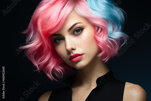 Woman with pink and blue hair is wearing black dress.