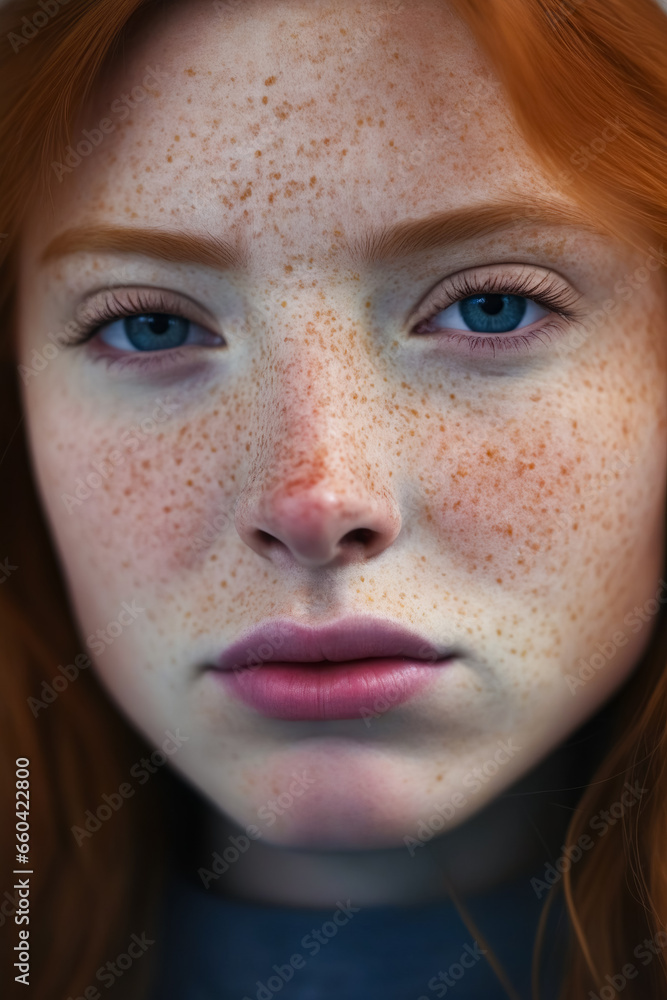 Close up of woman with freckles on her face.