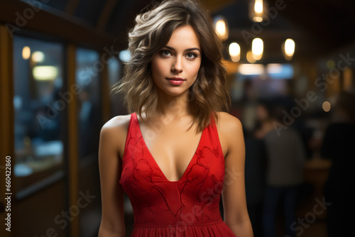 Woman in red dress is posing for picture. © valentyn640