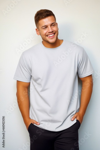 Man smiling while standing against white wall with his hands in his pockets.