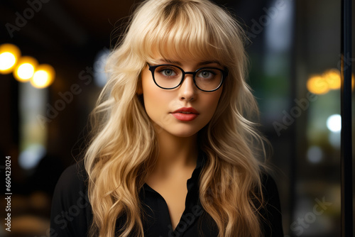 Woman with long blonde hair and glasses on her face.