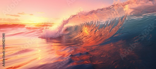 A vibrant sunset reflecting on the crashing waves of the ocean