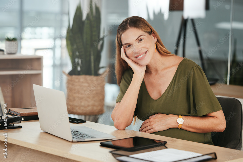 Woman, smile and pregnant with portrait in office and laptop with happiness, healthy and workplace. Belly, maternity and employee for pregnancy, career and love with affection, care and excited Woman, smile and pregnant with portrait in office and laptop with happiness, healthy and workplace. Belly, maternity and employee for pregnancy, career and love with affection, care and excited