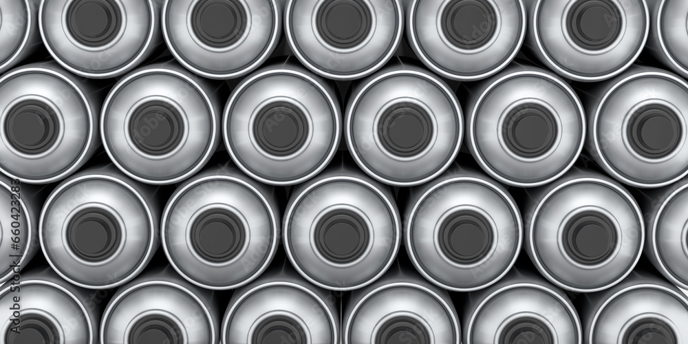 Set of spray paint cans in row on white background. Spray bottle and dispenser Set of spray paint cans in row on white background. Spray bottle and dispenser
