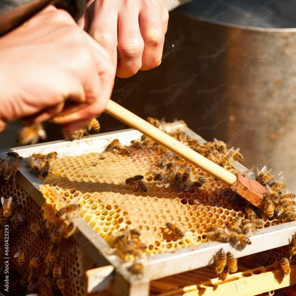 Closeup of honey flowing off harvesting beekeper equipment. Generative Ai. Closeup of honey flowing off harvesting beekeper equipment. Generative Ai.