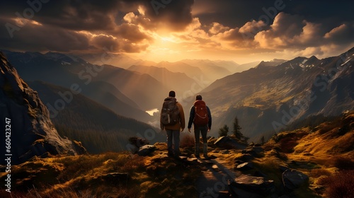 two hikers reaching the peaks in the mountains before sunset © jungmin