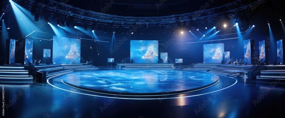 A stage illuminated with vibrant blue lights - obrazy, fototapety, plakaty 