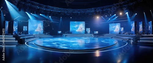 A stage illuminated with vibrant blue lights