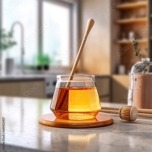 Honey with wooden honey dipper in the modern kitchen. Generative Ai.