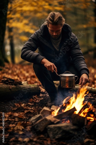 Escape from the bustle of the big city. Young Caucasian man brews coffee over a fire in the forest. Travel, tourism and camping. Solitude in the forest with your thoughts. Vertical photo.