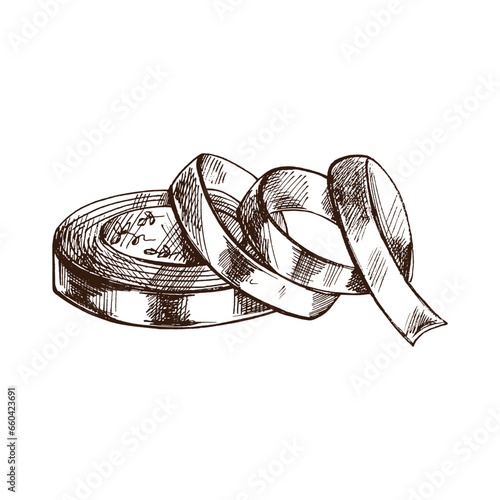 Hand-drawn sketch of satin ribbon. Handmade, sewing equipment concept in vintage doodle style. Engraving style.