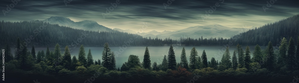 A serene lake scene with lush green trees