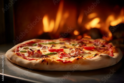 Indulge in the savory delight of a freshly baked pizza  hot and tempting  straight from the fiery embrace of the oven. Ai generated