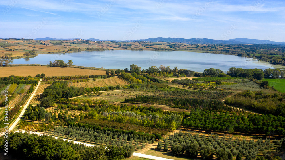 Aerial view of Lake Chiusi. This is a lake basin in Tuscany, located in the Sienese Val di Chiana, Italy.