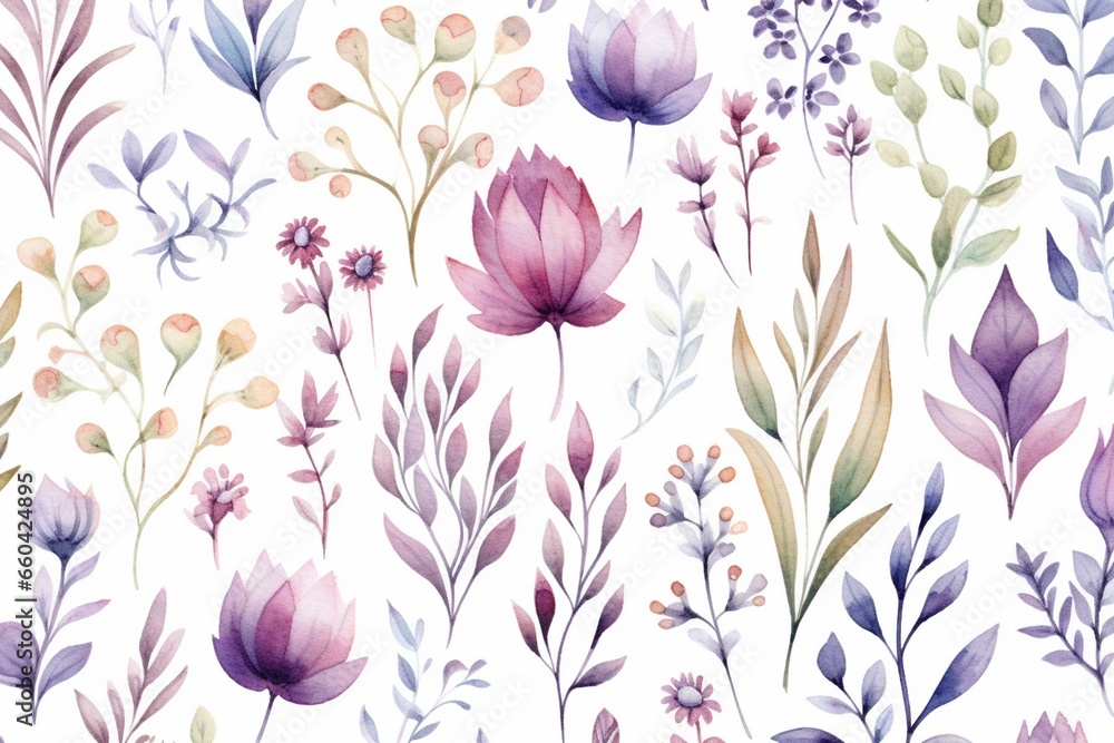 Seamless watercolor pattern with festive plant motifs. Generative AI