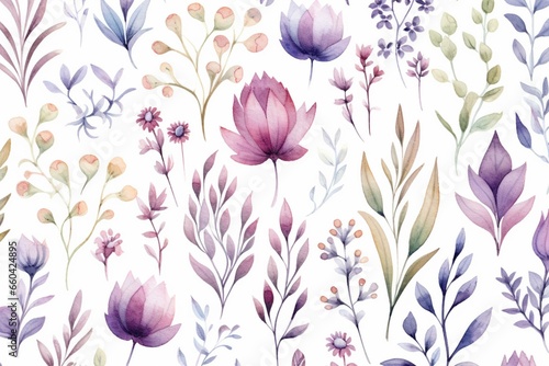 Seamless watercolor pattern with festive plant motifs. Generative AI