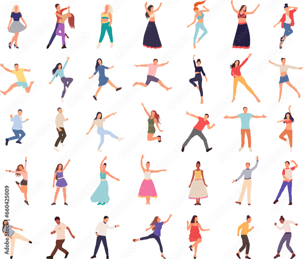 dancing people set in doodle style, on white background, vector