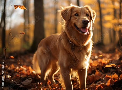 Autumn's Golden Companion. Golden retriever in leaves covered forest. AI generated digital art. photo