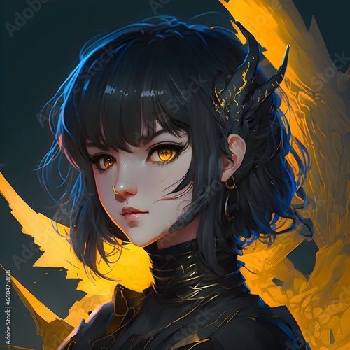 girl with black straight bob cut hair and neat bangsblack dragon girlblack curly black horngold eyesyellow dragon eyesblue backgroundanimeportraitanime avatarSharp Lines High Contrastmanga  photo