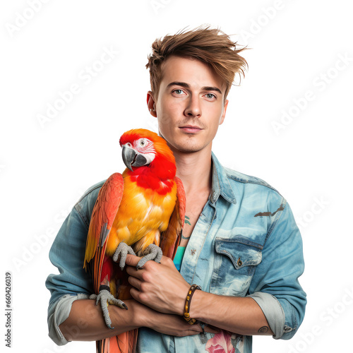 man with parrot isolated on white