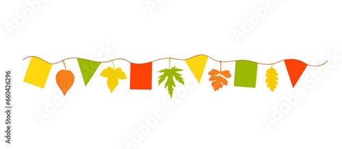 Autumn fall bunting and leaves decorative holiday design element, festive decor vector illustration for Thanksgiving or harvest traditional events, kids birthday parties