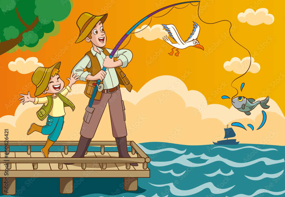
vector illustration of father and kids fishing