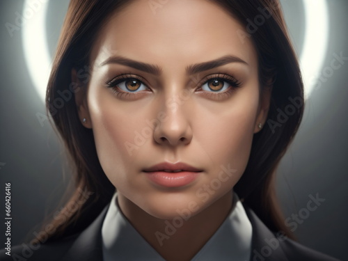 Business woman looking straight at camera, symmetrical, eyes looking realistic, cinematic lighting