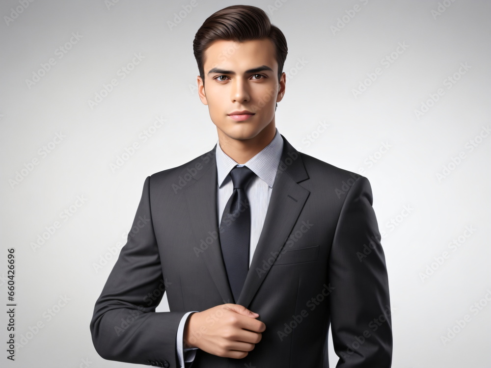 Portrait photo of handsome confident young businessman gentleman isolated on dark grey background Portrait photo of handsome confident young businessman gentleman isolated on dark grey background