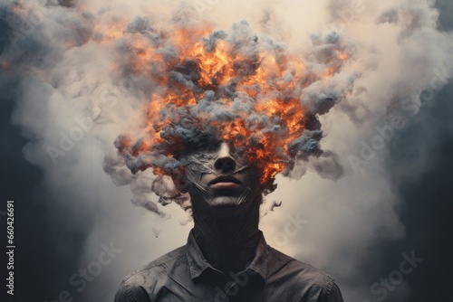 Fotografia, Obraz The burned-out businessman's head erupted in a fiery explosion, a visual represe