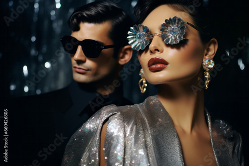 A glamorous woman and her stylish companion donning sunglasses, basking in the luxurious atmosphere of a celebration, adorned with sparkling jewels and impeccable fashion, confidence and chic eleganc