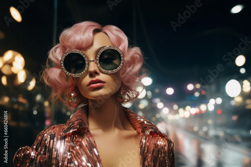 Amidst the vibrant street lights and bustling crowd, a stunning woman with pink locks and oversized sunglasses exudes an aura of celebration and luxury in her glamorous party outfit