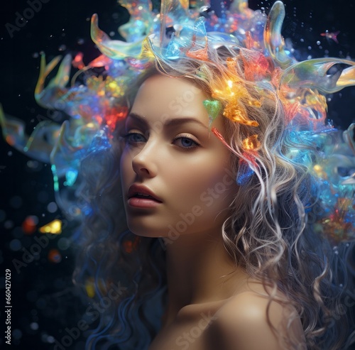 A stunning futuristic woman with vibrant blue hair adorned in glitter, exuding confidence and artistry in her unique and colorful portrait