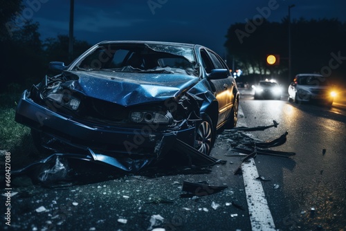 Insurance case. Car accident. The dangers of speeding and drunk driving. A car being torn to pieces on the side of an urban road. Life, liability and property insurance.