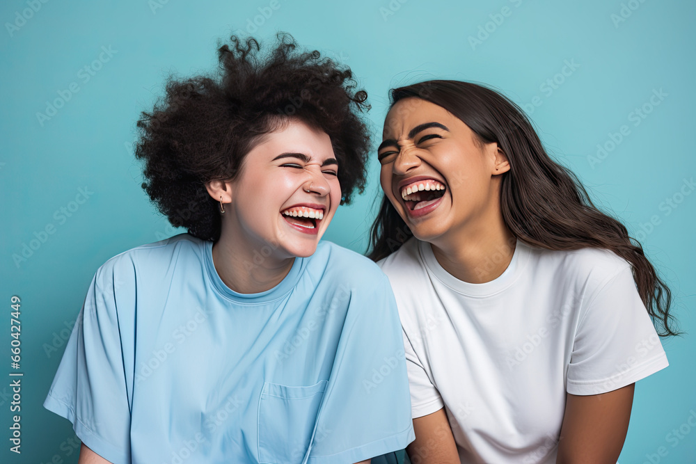 Two interracial best friends laughing and having a good time together in a studio Two interracial best friends laughing and having a good time together in a studio