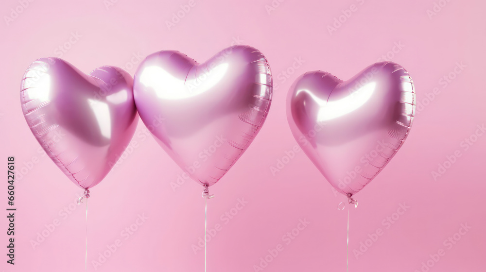 Three pink heart-shaped balloons in front of a pink wall with plenty of negative space as copy space.