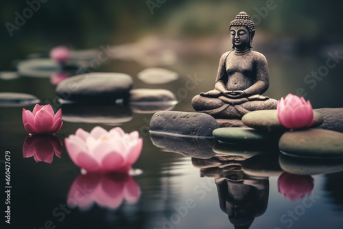 Experience serenity in this creative photo featuring a Buddha statue in a lotus meditation pose by a river adorned with stones and lotus flowers. Ai generated