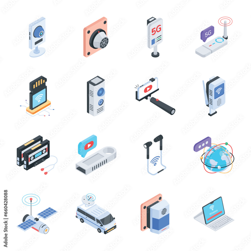 Set of Isometric Style Wireless Communication Icons
Set of Isometric Style Wireless Communication Icons