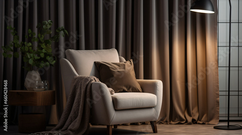 Comfortable armchair near light curtains in room