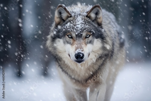 A majestic wolf walking through a winter wonderland forest © pham