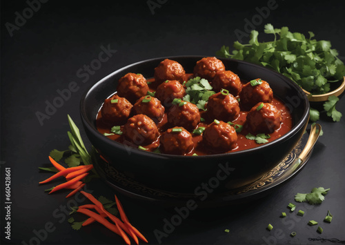 Veg Manchurian Gravy Balls in black bowl isolated on white