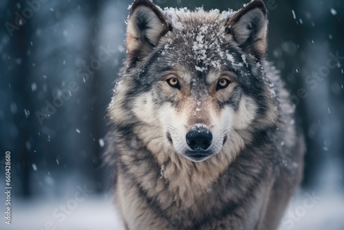A majestic wolf standing in a snowy forest © pham