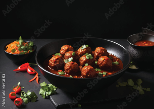 Veg Manchurian Gravy Balls in black bowl isolated on white