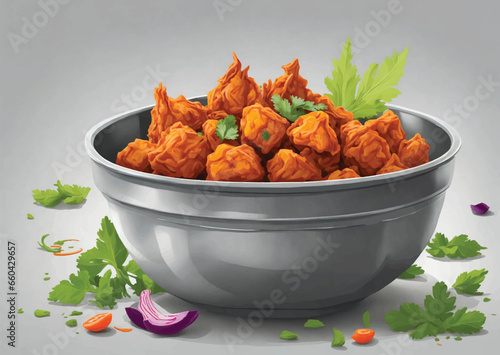 Fulwada Bhajiya. Methi bhajiya. Methi gota, Methi pakoda indian gujarati special snack food with chutney dip. Monsoon special gujarati methi bhajiya. Fulvada serving on white texture background
