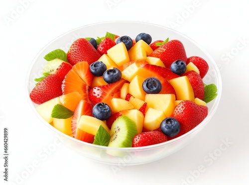 Top View of Healthy Fresh Fruit Salad in Isolated Bowl on White Background. 