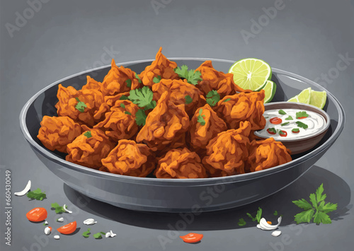 Fulwada Bhajiya. Methi bhajiya. Methi gota, Methi pakoda indian gujarati special snack food with chutney dip. Monsoon special gujarati methi bhajiya. Fulvada serving on white texture background
