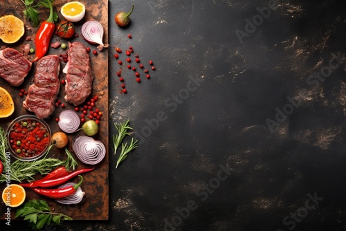 An enticing flat lay of a grilling concept, featuring an array of meats, marinades, and skewers, expertly arranged around an empty space, all captured from a top view.