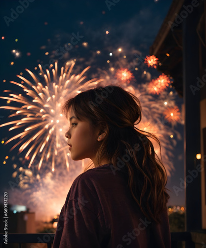 Girl looks at fireworks during new year